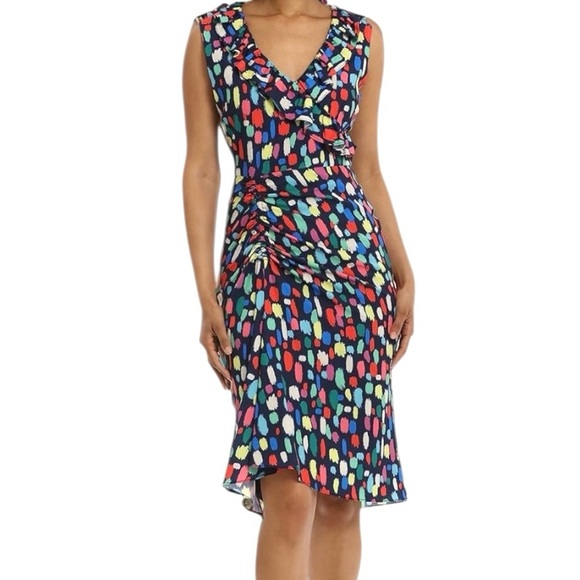 Maggy London Dresses & Skirts - Maggy London Colorful Print Midi Dress 6 Ruched Ruffle V Neck Artsy Cocktail